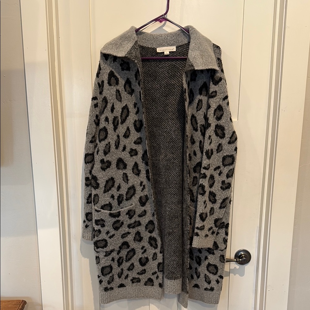 Love stitch long duster snow leopard sweater with pockets
